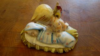 Antique Occupied Japan Porcelain Figurine Baby Jesus In Manger Hovering Angel