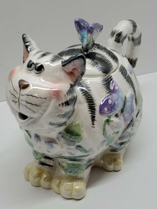 Adorable Ceramic Hand Painted Kitty Cat & Butterfly Teapot Figurine W/ Lid Rare