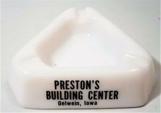 1950`s Antique Milk Glass Ashtray Preston`s Building Center.  Oelwein,  Iowa / 06