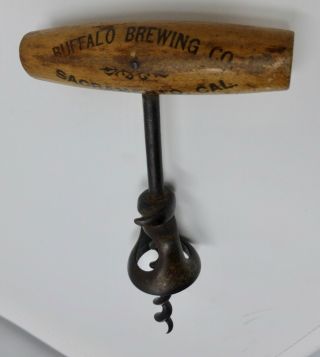 Antique Buffalo Brewing Co.  Sacramento,  Ca.  Beer Bottle Corkscrew Wood Handle
