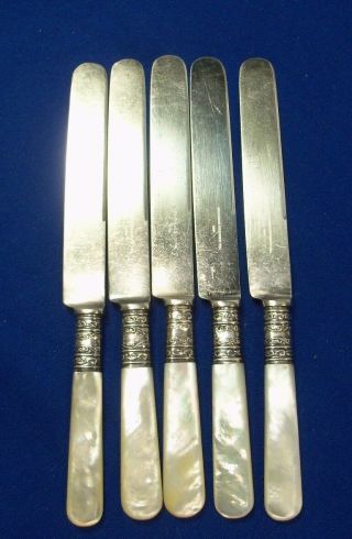 Antique Knives,  Meriden Cutlery Mother Of Pearl Handles With Sterling Bands (5)