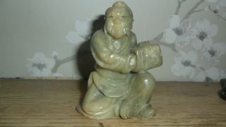 Antique Vintage Chinese Carved Soapstone Figure Of A Sage Holding A Hand Warmer