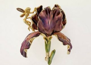 Kirks Folly Singed Vintage Rare Goldtone Purple Iris & Fairy Pin Brooch