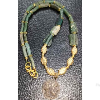 Lovely Gold Plated Necklace With Ancient Roman Glass & Coin Pendant 39