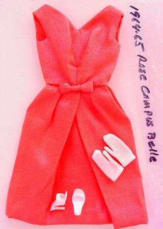 1964 - 65 Barbie Rare Rose Campus Belle Dress W Heels & Gloves