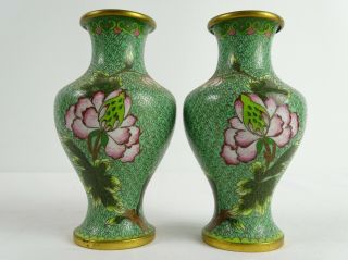 Fine Matched Pair Chinese Green Ground Cloisonne Vase With Lotus Flower