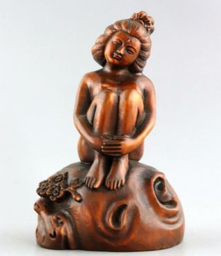 Collectable China Antique Boxwood Carve Shy Naked Belle Unique Delicate Statue