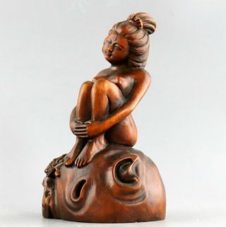 Collectable China Antique Boxwood Carve Shy Naked Belle Unique Delicate Statue 2