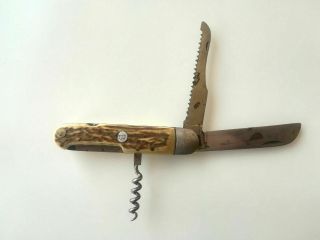 Rare Vintage France Pradel Hunting Folding Multi Tool Knife,  Saw Wh Stag Handle