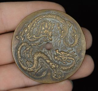 Folk China Double Dragon Bronze Coin Copper Cash Tong Qian Money Currency Statue