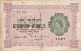 5 Rupees Fine - Banknote From British Colony Of Seychelles 1954 Pick - 11a Rare