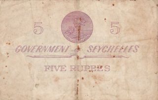 5 RUPEES FINE - BANKNOTE FROM BRITISH COLONY OF SEYCHELLES 1954 PICK - 11a RARE 2