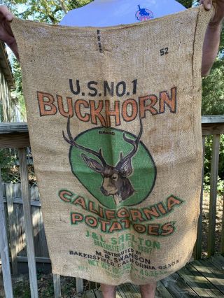 Antique Buckhorn California Burlap Potato 100 Lb Bag Sack Corn Seed Feed Sign