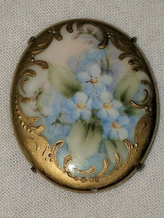 Gorgeous Antique Hand Painted Porcelain Pin Brooch Blue Flowers Gold Leaf Trim