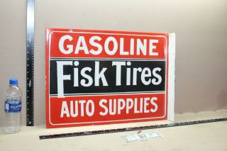 Rare Fisk Tires Gasoline Auto 2 - Sided Flange Porcelain Metal Sign Gas Oil