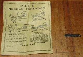 Antique Mills Needle Threader With Instruction Sheet