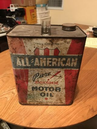 Vintage All American Motor Oil Two Gallon Metal Can Pittsburgh Penn Company Rare