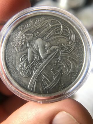 Alphonse Mucha Dance 1 Oz.  999 Silver Antique Coin 2 In Art Series
