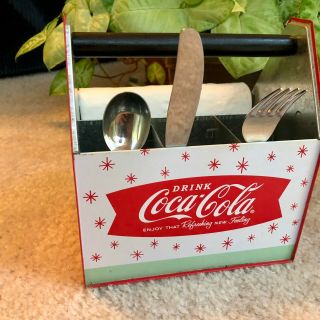 Rare Vintage Coke Coca - Cola Red Tin Utensil And Napkin Caddy Carrier Holder Dine