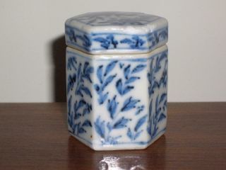 A Chinese Blue & White Porcelain Small Hexagonal Box & Lid,  19th/ 20th C.