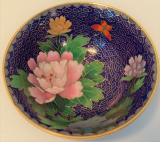 Vintage Chinese Cloisonné Enamel Bowl Cobalt Blue Floral Peony Butterfly