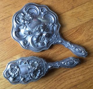Antique Art Nouveau Silver Plate 10 Hand Mirror Brush Set Floral Repousse