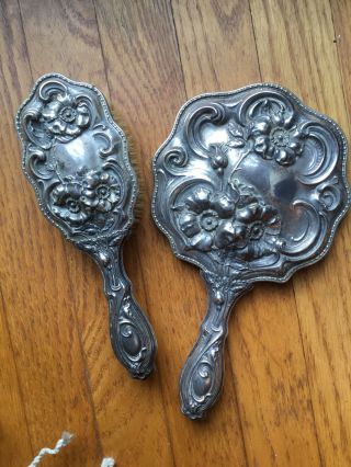 Antique Art Nouveau Silver Plate 10 Hand Mirror Brush Set Floral Repousse 2