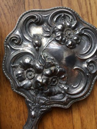 Antique Art Nouveau Silver Plate 10 Hand Mirror Brush Set Floral Repousse 3
