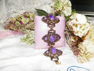 Vintage Large Wide Purple Cabachon Bracelet 7 - 1/2 " Antique Gold Finish 2 " Wide