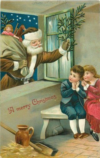 Brown Robe Santa Claus At Window With Children Antique Christmas Postcard - M166
