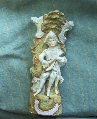 Old Antique German Bisque Porcelain Figure Boy Lute Vase C.  1890 Victorian Doll,