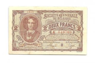 1915 Belgium Societe Generale 2 Francs P87 Very Rare Banknote Pmg Pop Only 2