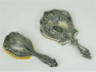 Antique 2 - Pc Victor & Derby Silver Vanity Mirror And Hair Brush