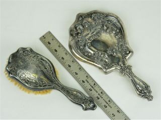 ANTIQUE 2 - PC VICTOR & DERBY SILVER VANITY MIRROR AND HAIR BRUSH 2