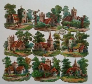 9 Antique Embos Chromo Victorian R.  Tuck Scraps.  English Country Churches 5x4cms