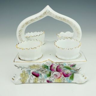 Antique German Porcelain Flower Decorated Four Egg Cup Caddy Holder - Lovely