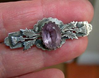 Antique Jewellery Chester Sterling Silver Scottish Thistle & Amethyst Brooch Pin