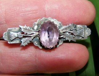 ANTIQUE JEWELLERY CHESTER STERLING SILVER SCOTTISH THISTLE & AMETHYST BROOCH PIN 2