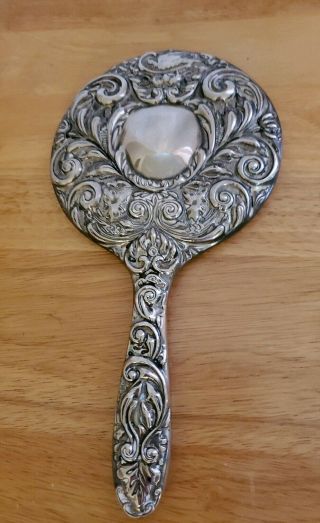Vintage Antique Vanity Ornate Hand Mirror Silver Plated 9 1/2 "
