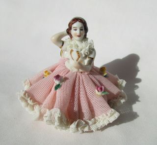 Dresden Lace Figurine Miniature Seated Lady Looking In Mirror Pink Skirt