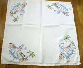 Hand Embroidered Linen Tablecloth Crinoline Ladies & Bluebird Of Happiness