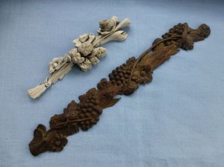 2 Antq Black Forest Style Carved Wood Decorative Applique Ornaments Treen