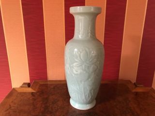 large Chinese celadon light green glazed vase signed 3
