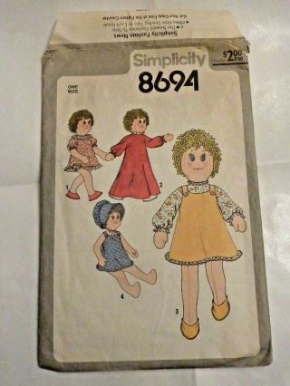 Simplicity 8694 Pattern 1978 18 " Girl Doll & Her Clothes Vintage - Cut (c9 64)