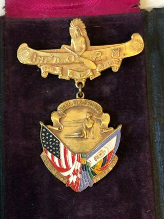 Antique Improved Order of Red Men,  Pequod 47,  1913 Medal w/ Case,  AC,  Jersey 2