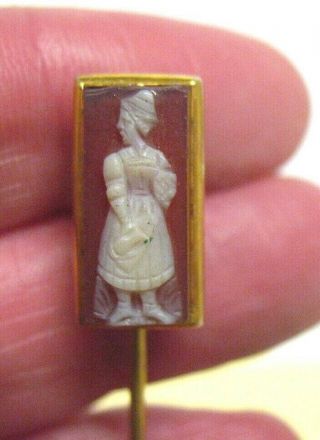 Antique 14k Gold Cameo Stick Pin Carnelian Peasant Woman Rectangular 2.  7 Grams