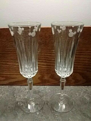 Rare Vintage Disney Mickey Etched Crystal Wine Glasses/ Champagne Wedding Flutes