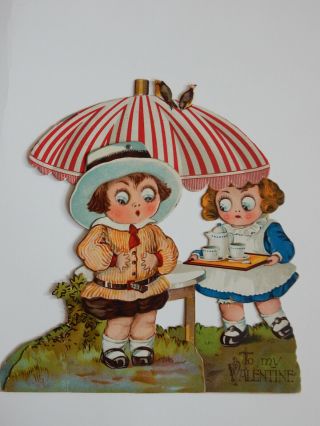 Antique Googly Doll Valentine Card 9 1/2 " Kestner Die Cut Movable Eyes