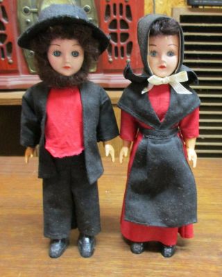 Vintage Amish Couple Hard Plastic 7.  5 " Dolls
