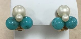 Pair Rare Vintage Estate Faux Turquoise & Pearl Earrings Hs4